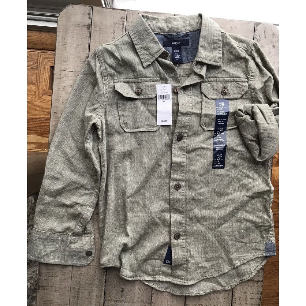 New Gap Kids Boys Green Cotton Button Down Dress Shirt Xs 4-5 Yrs